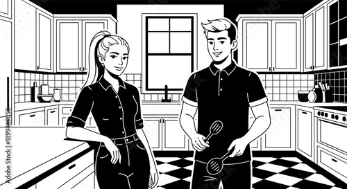 Young couple smiling in a modern kitchen, ready to cook together