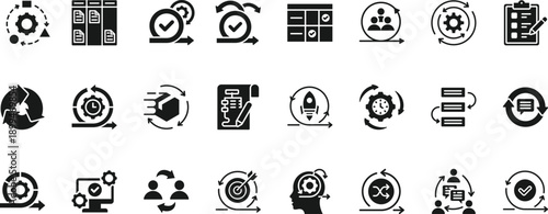 agile icon set collection. pack contain scrum, sprint, kanban, flow, cycle, interaction, task, board, team, communication icon