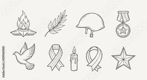 Collection of symbols representing remembrance, peace, and military honor in a clean line art style