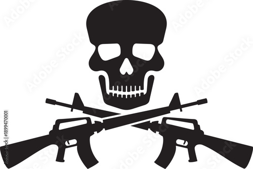 Human Skull and Crossed Machine Guns. Black and White. Vector Illustration.