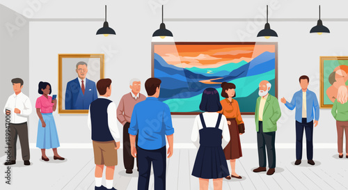Vector illustration of people admiring paintings and sculptures in a modern art gallery exhibition