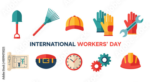 International Workers' Day celebration with diverse labor tools and symbols