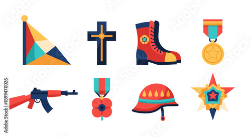 Collection of military symbols and awards, including a rifle, medals, and helmet