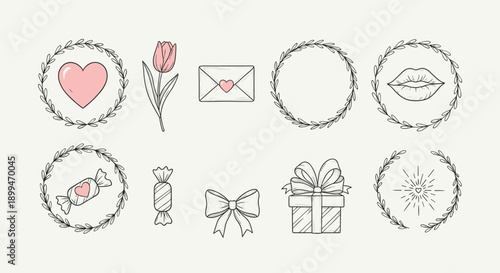 Collection of hand-drawn romantic icons including hearts, lips, gifts, and flowers