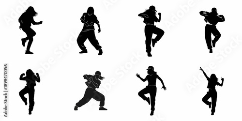A collection of eight dynamic female hip-hop dancers silhouettes in various energetic street dance poses, isolated on a white background, perfect for design.