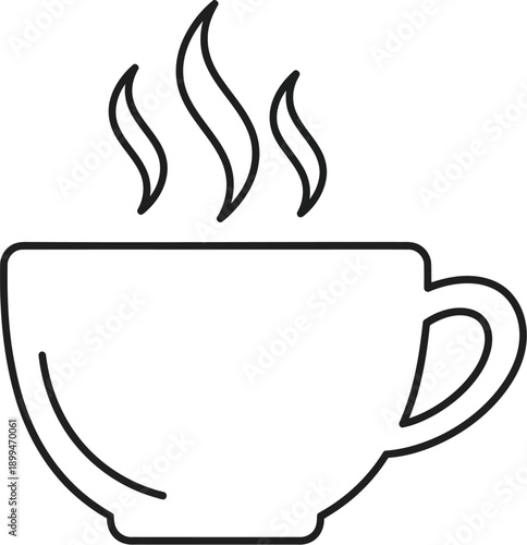 Simple black and white line art icon depicting a steaming hot beverage in a classic ceramic coffee cup or tea mug design