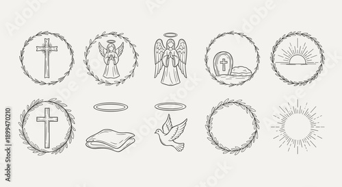 Collection of religious and spiritual symbols in a minimalist line art style