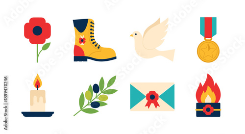 Collection of symbols representing remembrance, peace, and honor for veterans and fallen soldiers