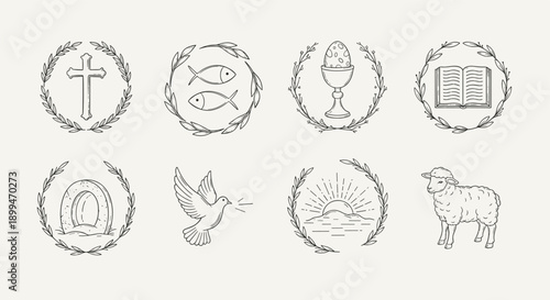 Christianity symbols in laurel wreaths: cross, fish, egg, bible, tomb, dove, sunrise, lamb