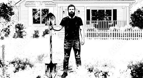 Man with beard and shovel standing in front of a house with a white picket fence