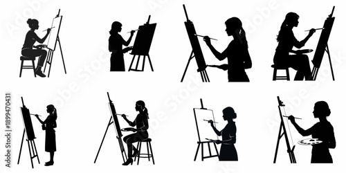 Collection of eight black silhouettes of female artists painting on an easel, illustrating different poses, creativity, and artistic expression.