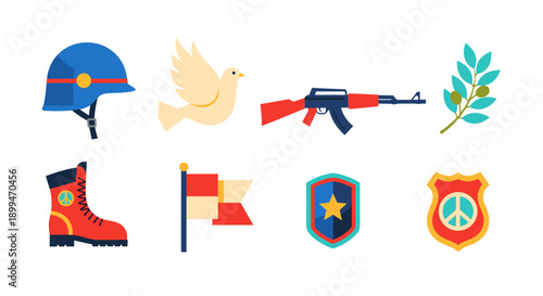 Collection of icons representing war and peace symbols, including a helmet, dove, and rifle