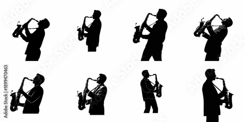 Eight vector silhouettes of male saxophone players performing jazz or blues music, isolated on a white background, illustrating musicians and brass instruments.