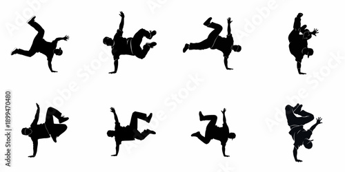 Dynamic set of breakdance performer silhouettes showcasing various B-boy power moves and freezes, isolated on a white background.