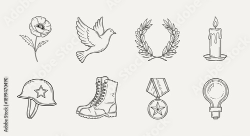 Collection of hand-drawn icons representing peace, remembrance, and military service