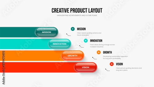 Financial Launch Slide Layout Vector Illustration. Professional Proposal Four Step Diagram Slideshow Template. Visual Visualization 4 Element Infographic Presentation Design.
