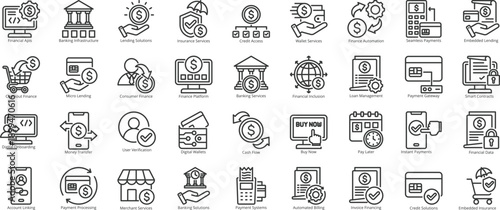 embedded finance icon set. containing user verification, identity check, fraud detection, account linking, open banking, pay later, payment, platform, secure, subscription