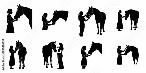 Vector Silhouette Set of Women Interacting with Horses, Depicting Friendship, Care, and the Deep Equestrian Bond.