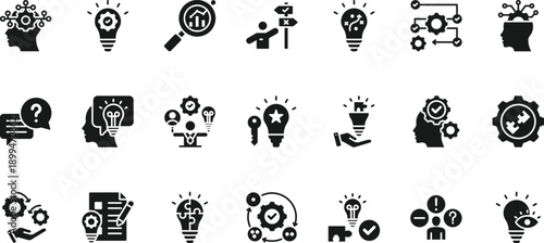 Problem solving icon set collection. Icon pack contains solution, logic, strategy, thinking, decision, process, analysis, creativity, mindset, reasoning, idea, trouble, fix, issue