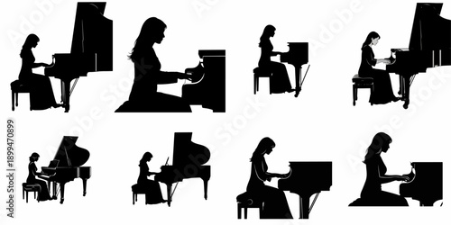 A collection of eight black silhouettes featuring a woman elegantly playing a grand piano, representing classical music performance and artistry.