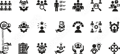 Human resources icon set. Icon pack contains recruitment, hiring, interview, candidate, employee, workforce, onboarding, training, development, evaluation