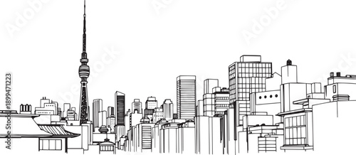 City landscape. Different buildings on street, outline cityscape hand sketch, flat houses. Hand drawn vector illustration