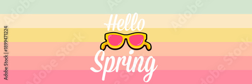 Hello Spring vector banner with text and retro yellow sunglasses isolated on stripped background. Hello Spring poster design template with cartoon sunglasses, retro rainbow, good vibes