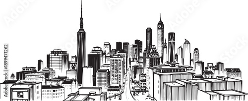 City landscape. Different buildings on street, outline cityscape hand sketch, flat houses. Hand drawn vector illustration