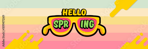 Hello Spring vector banner with text and retro yellow sunglasses isolated on stripped background. Hello Spring poster design template with cartoon sunglasses, retro rainbow, good vibes