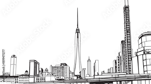 City landscape. Different buildings on street, outline cityscape hand sketch, flat houses. Hand drawn vector illustration
