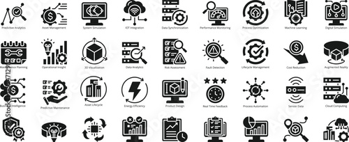 Digital twins icon set. Containing virtual model, real time data, predictive analytics, asset management, system simulation, iot integration
