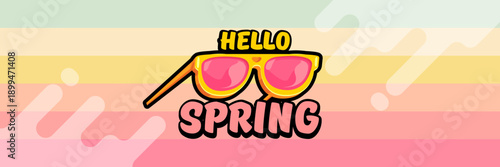 Hello Spring vector banner with text and retro yellow sunglasses isolated on stripped background. Hello Spring poster design template with cartoon sunglasses, retro rainbow, good vibes
