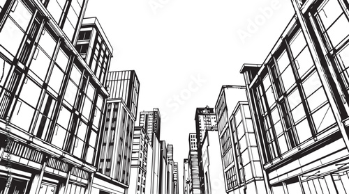 City landscape. Different buildings on street, outline cityscape hand sketch, flat houses. Hand drawn vector illustration