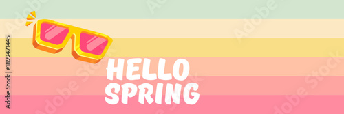Hello Spring vector banner with text and retro yellow sunglasses isolated on stripped background. Hello Spring poster design template with cartoon sunglasses, retro rainbow, good vibes