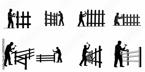 Black silhouettes of handymen and workers constructing, repairing, and maintaining various types of wooden fences using a hammer and nails.