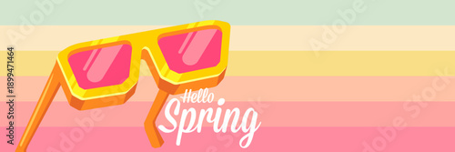 Hello Spring vector banner with text and retro yellow sunglasses isolated on stripped background. Hello Spring poster design template with cartoon sunglasses, retro rainbow, good vibes