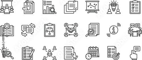brief icon set collection. icon pack contain inform, discuss, planning, collaboration, agenda, team, note, insight, session, meeting icon