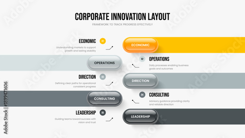 Sales Solution 5 Option Diagram Slide Design. Digital Portfolio Five Element Infographic Frame Template. Marketing Proposal Presentation Layout Vector Illustration.