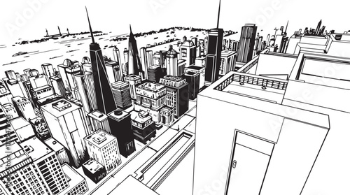 City landscape. Different buildings on street, outline cityscape hand sketch, flat houses. Hand drawn vector illustration