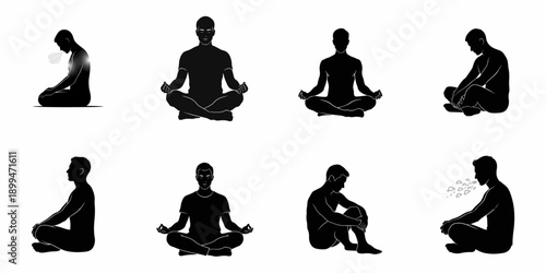 Black silhouettes of a man demonstrating various seated poses for meditation, deep breathing exercises, relaxation, mindfulness, and yoga practice.
