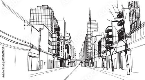 City landscape. Different buildings on street, outline cityscape hand sketch, flat houses. Hand drawn vector illustration