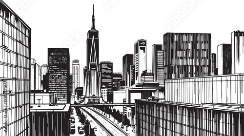 City landscape. Different buildings on street, outline cityscape hand sketch, flat houses. Hand drawn vector illustration