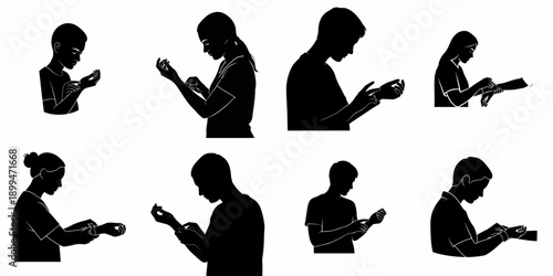 Silhouettes of diverse people examining or touching their wrists and hands, symbolizing self-care, injury inspection, or measuring pulse.