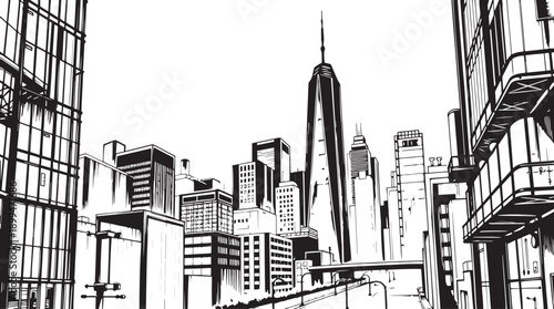 City landscape. Different buildings on street, outline cityscape hand sketch, flat houses. Hand drawn vector illustration