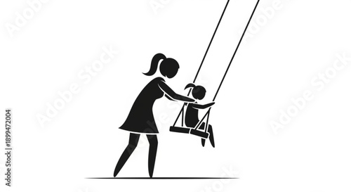 A woman pushes a child on a swing outdoors in a playful and carefree scene with a white background