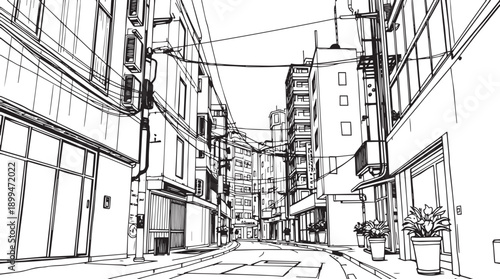 City landscape. Different buildings on street, outline cityscape hand sketch, flat houses. Hand drawn vector illustration