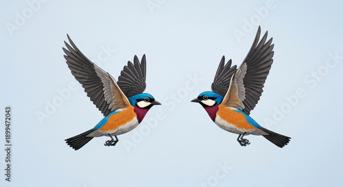 Two colorful birds flying face to face in clear blue sky with vibrant feathers