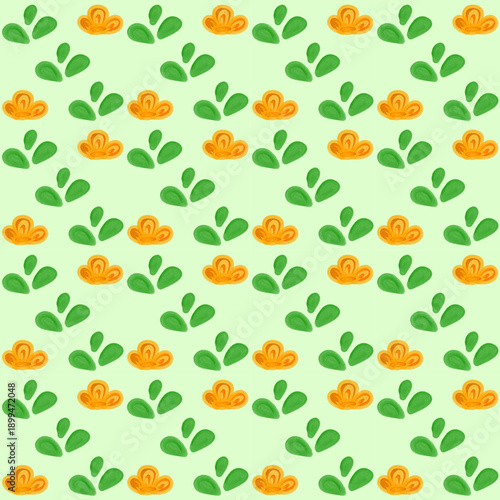 Organic Green Leaves and Abstract Orange Buds Seamless Pattern 