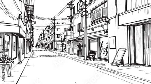 City landscape. Different buildings on street, outline cityscape hand sketch, flat houses. Hand drawn vector illustration