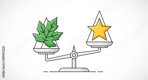 Balance between nature and success concept with green leaves versus golden star on scales